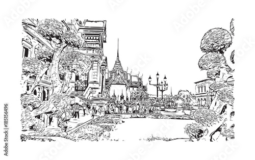 Wat Phra Kaew, holy place and grand palace, Bangkok, Thailand. Hand drawn sketch in vector illustration.