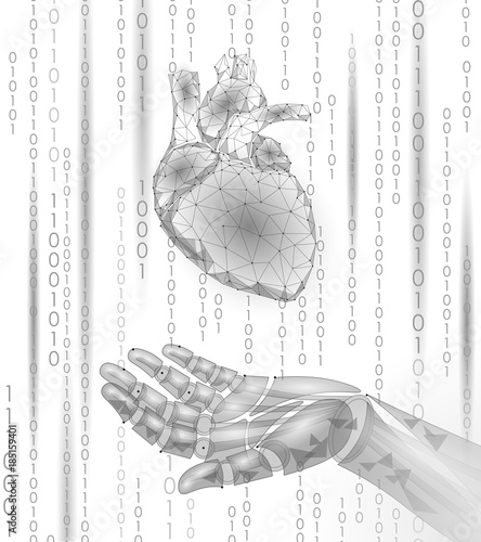 Human heart robot android hand low poly. Polygonal geometric particle design. Innovation medicine technology future humanoid doctor binary code background vector illustration