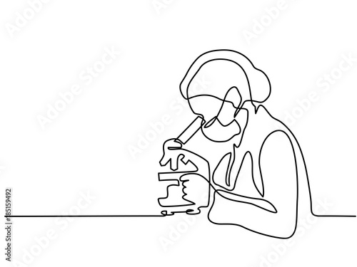 Scientist woman looking through microscope in laboratory. Continuous line drawing. Vector illustration on white background
