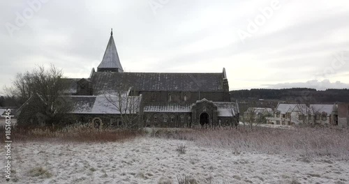 Aerial, fly towards and over village church to surrounding countryside, Bangour photo