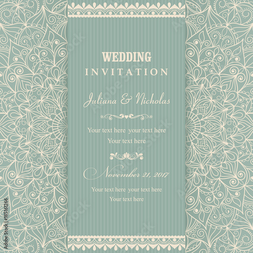 Wedding invitation cards  baroque style green and beige. Vintage  Pattern. Retro Victorian ornament. Frame with flowers elements. Vector illustration.