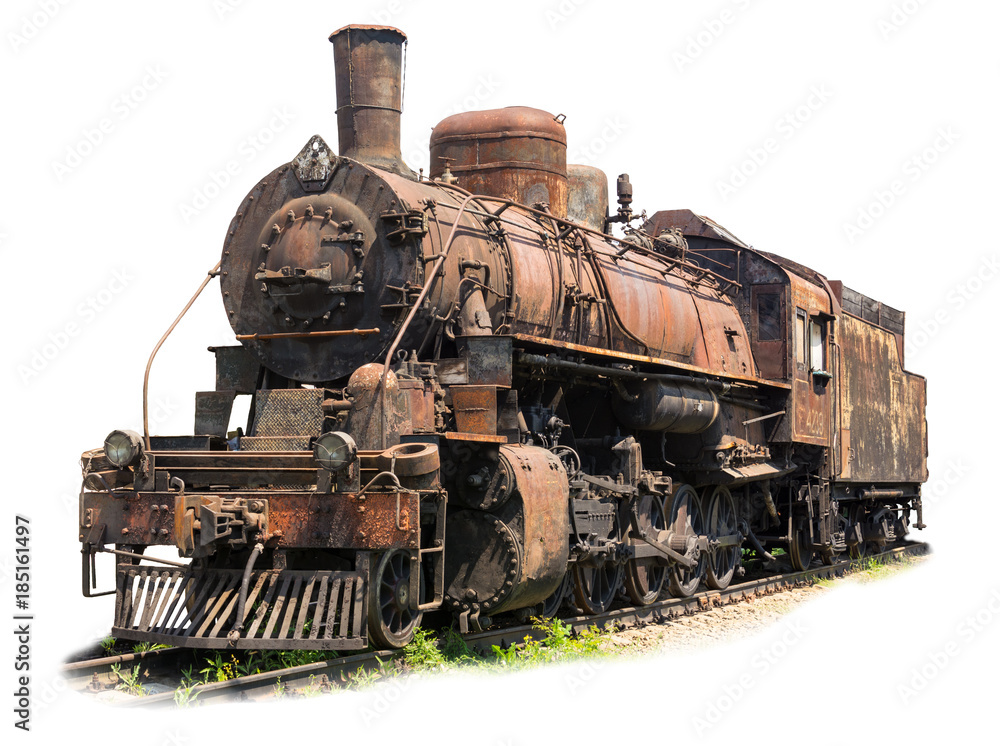 Old rusty steam locomotive on white background