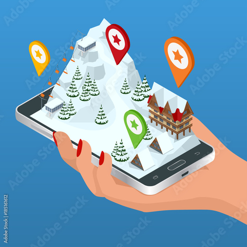 Online hotel booking. Ski resort, slope, people on the ski lift, skiers on the piste among white snow pine trees and hotel. Winter holiday web banner design.