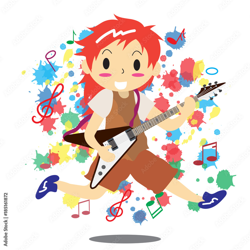 Young boy playing electric rock guitar Happy Love music color Background character design illustration vector in cartoon style5 Young boy playing electric rock guitar Happy Love music color Background character design illustration vector in cartoon style5