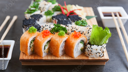 set of real classic Japanese sushi. on a wooden surface