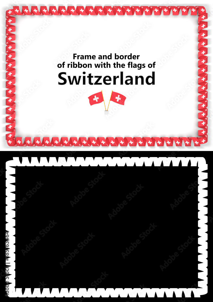 Frame and border of ribbon with the Switzerland flag for diplomas, congratulations, certificates. Alpha channel. 3d illustration