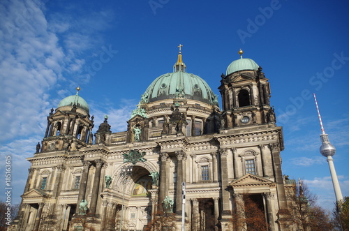 Berliner Dom - cathedral in Berlin. Rich decorations and decorative sculptures of the facade of one of the most famous churches in Germany, the historic cathedral standing on the Museum Island. © centryfuga