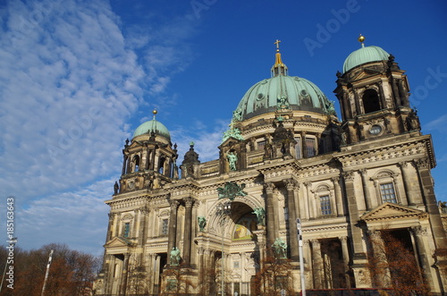 Berliner Dom - cathedral in Berlin. Rich decorations and decorative sculptures of the facade of one of the most famous churches in Germany, the historic cathedral standing on the Museum Island.