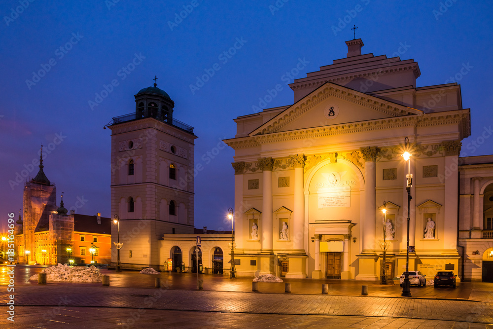 St. Anne church at night on the castle square in Warsaw, Poland
