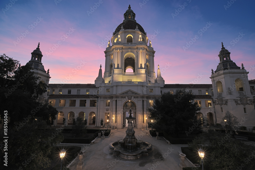 The Pasadena City Hall against a beautiful twilight sky.