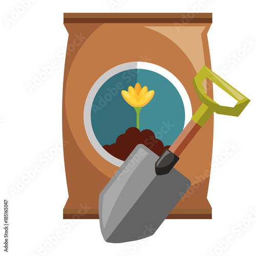 gardening shovel with bag of fertilizer vector illustration design