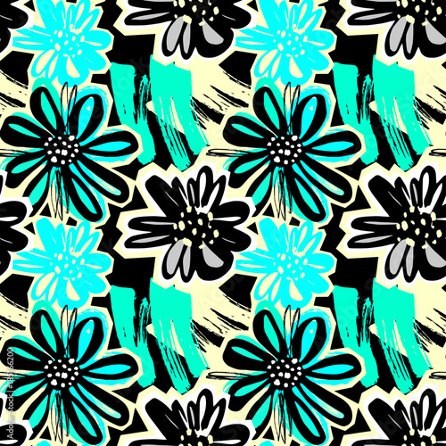 Flowers seamless hand craft expressive ink pattern.