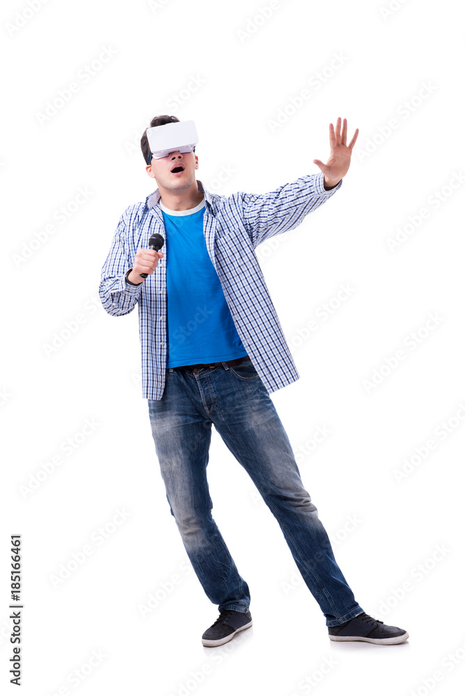 Young man wearing virtual reality VR glasses Young man wearing virtual reality VR glasses
