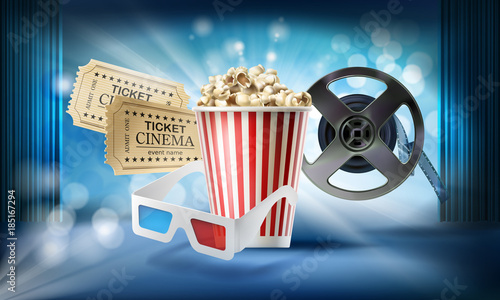 Cinema blue background. Concept 3d vector illustration with objects of film industry bucket with popcorn, glasses, movie tickets, reel, stage, curtain. Design template for poster, ad, banner