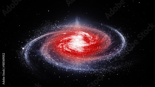 Fototapeta Naklejka Na Ścianę i Meble -  Milky Way galaxy with shiny red center filled with stars and nebulae. Bright galactic core shines, and spiral arms rotate slowly, consisting of millions star systems. 3D CGI in Ultra HD 
