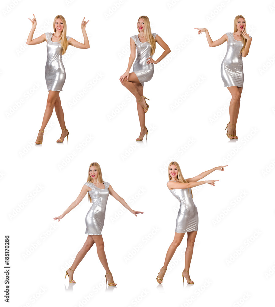 Young woman in silver dress isolated on white Young woman in silver dress isolated on white