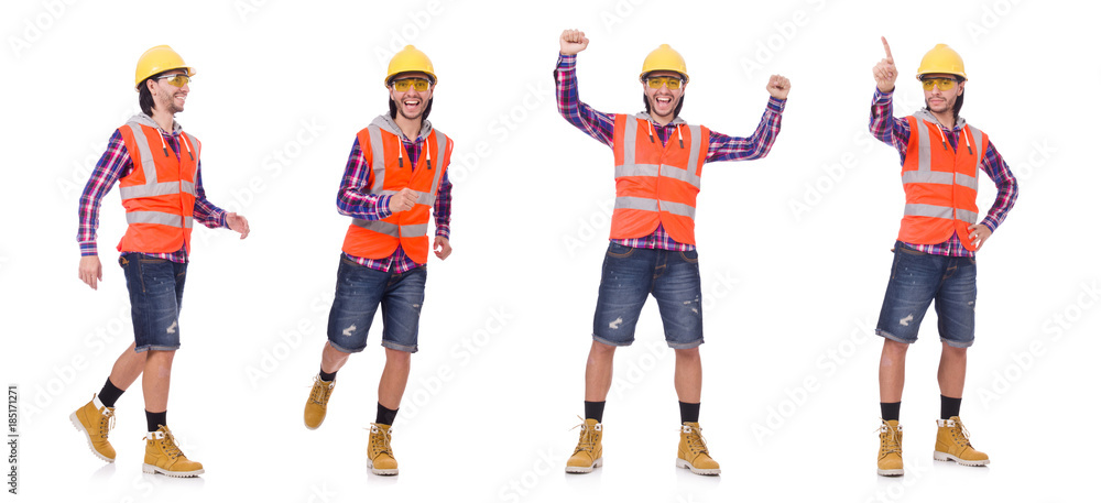 Obraz premium Walking young construction worker isolated on white