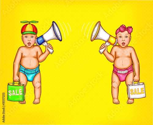 Two surprised comic baby boy and girl with loudspeakers and shopping bags in diapers pop art vector isolated on yellow. Announce of discounts sales, special offer, ad poster in shop of childrens goods