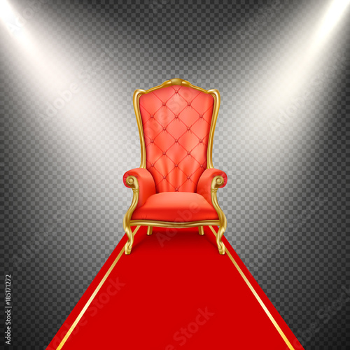 Vector luxurious gilded throne chair with red royal carpet illuminated in beams of spotlight isolated on transparent background. Exclusive, vip seat place. Antique, vintage armchair in realistic style