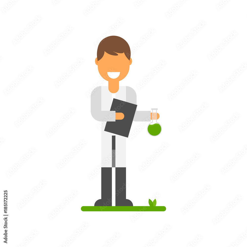 Scientist invented eco-fuel. Vector illustration in a flat style.