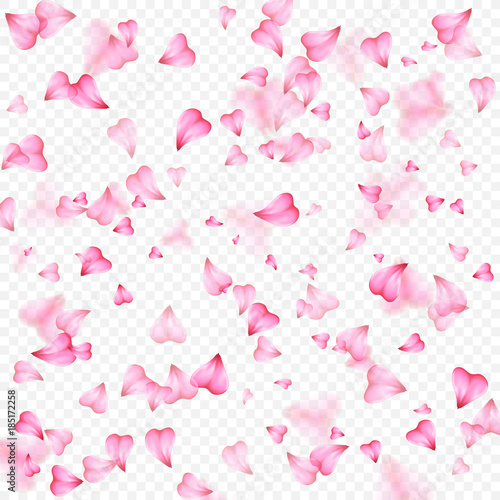 Valentines Day romantic background of pink hearts petals falling. Realistic flower petal in shape of heart confetti. Love theme. Wedding item. Decor element for greeting cards or gift packages.