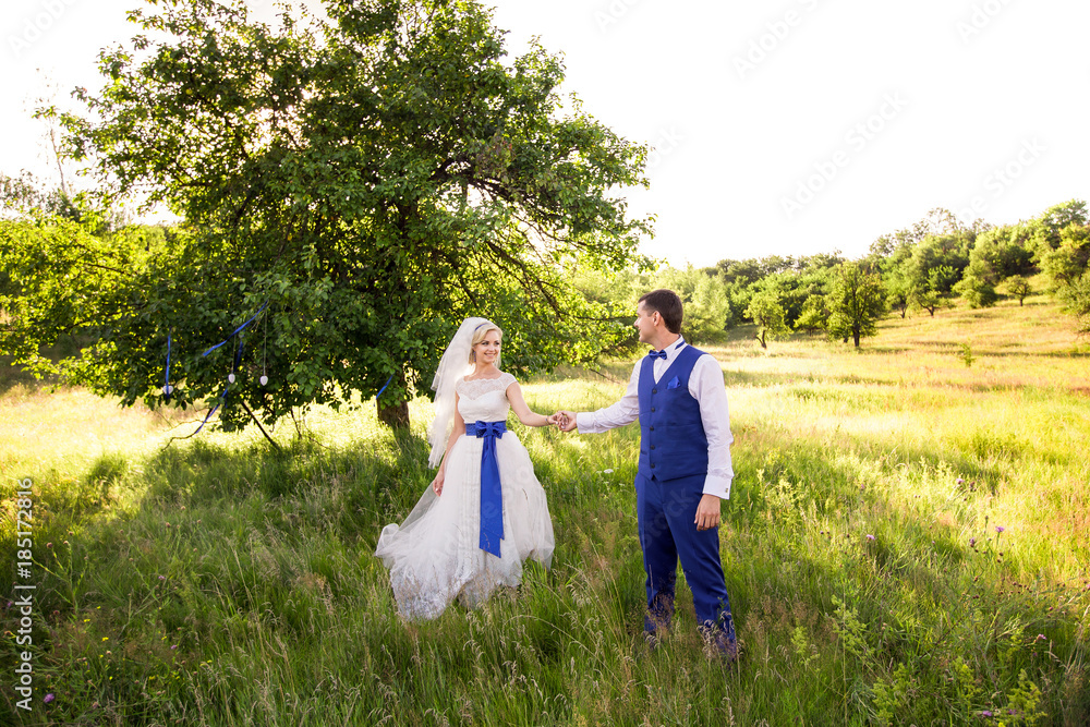 Wedding couple. Bride and groom holding hands near tree in park. Marriage concept Wedding couple. Bride and groom holding hands near tree in park. Marriage concept