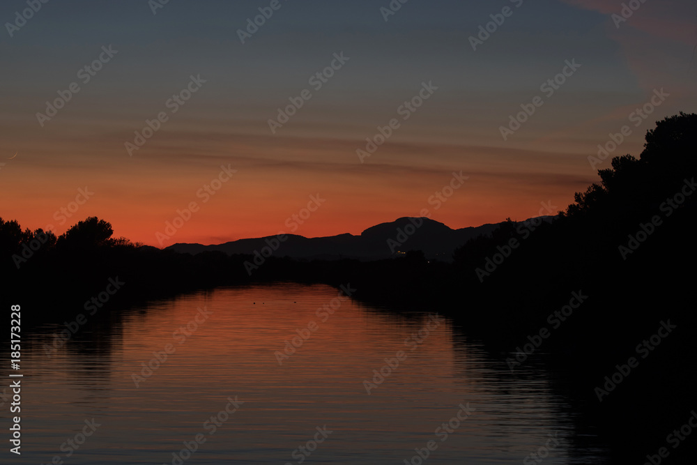 Mountain landscape at sunset on mallorca 
