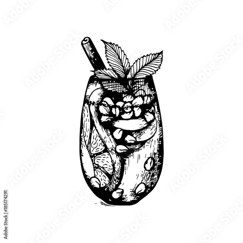 Freehand sketch style drawing of pomegranate orange sangria, cocktail glass, various fruits and hand written lettering. New Year Cocktail recipe. Detailed illustration isolated on white background