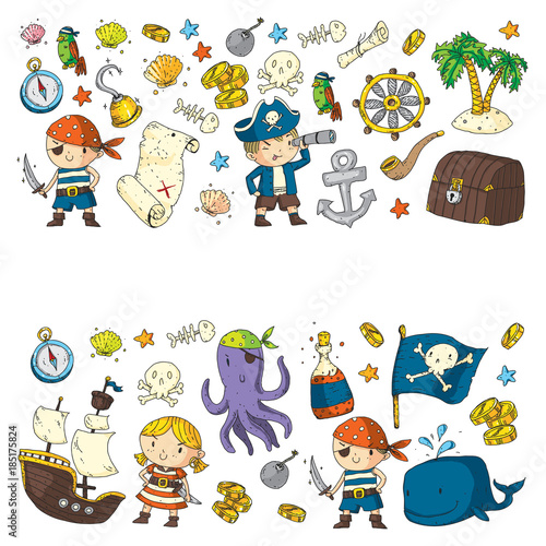 Pirate adventures Pirate party Kindergarten pirate party for children Adventure, treasure, pirates, octopus, whale, ship Kids drawing vector pattern for banners, leaflets, brochure, invitations