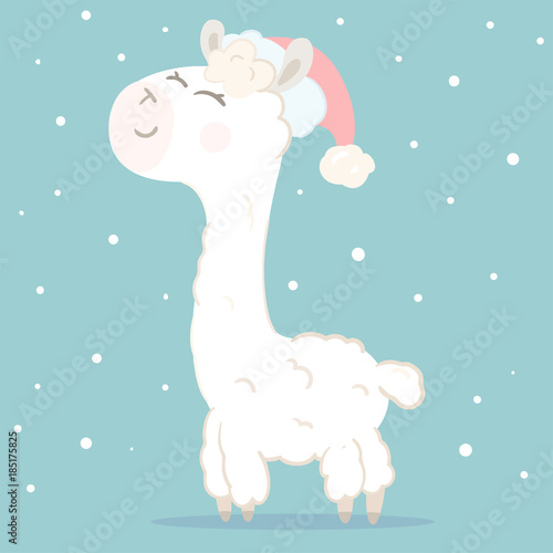 Christmas greeting card with cute alpaca lama