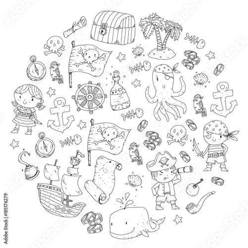 Pirate adventures Pirate party Kindergarten pirate party for children Adventure  treasure  pirates  octopus  whale  ship Kids drawing vector pattern for banners  leaflets  brochure  invitations