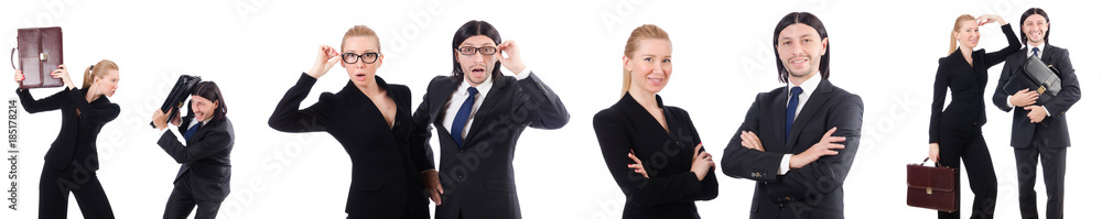 Businessman and businesswoman with briefcases isolated on white