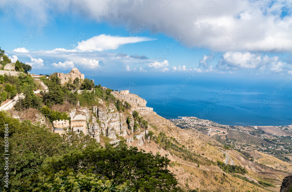 View of the Church of St. John the Baptist with panoramic view of mediterranean sea, province of Trapani in Sicily, Italy