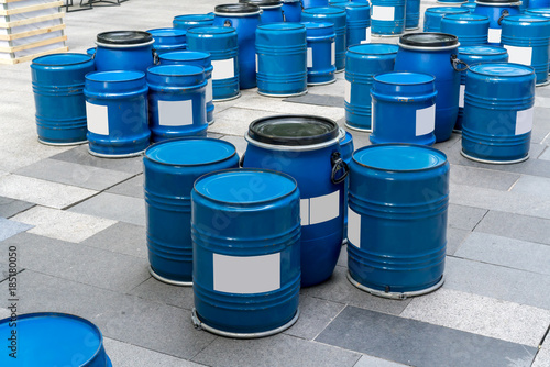 Blue barrels bottom up for tables and chairs.