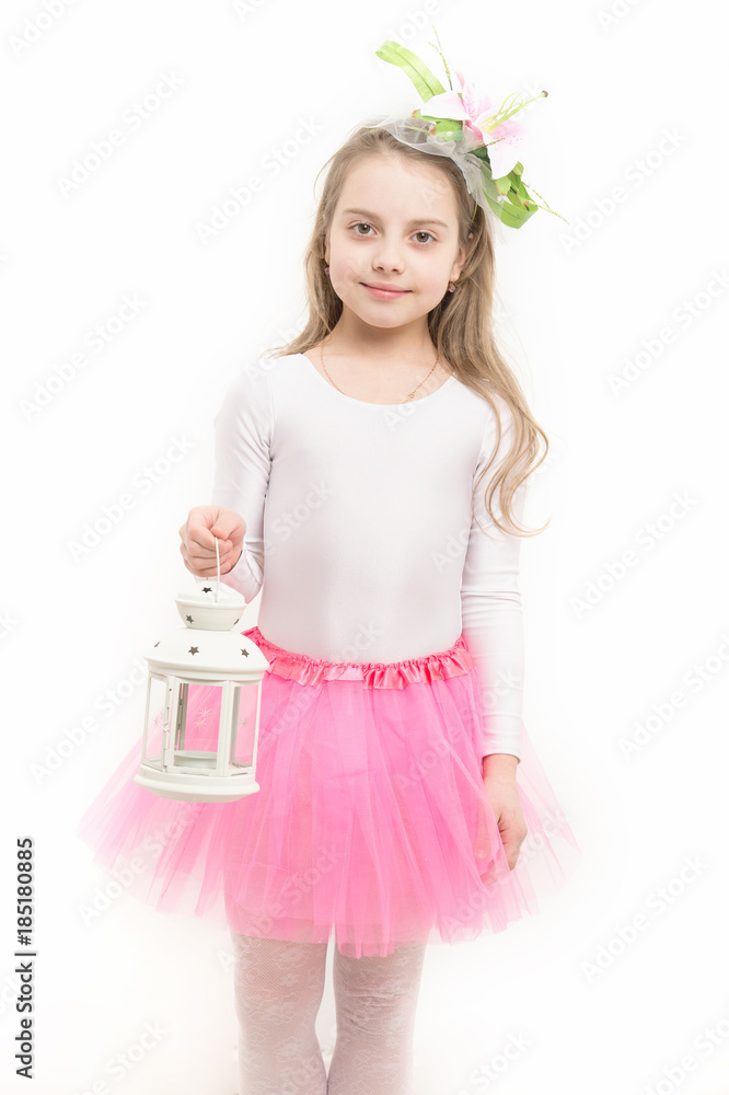 Girl smile with xmas lantern in pink skirt tutu Girl smile with xmas lantern in pink skirt tutu