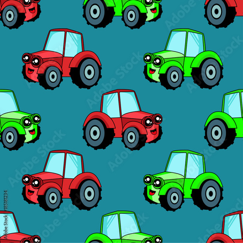 Cute kids car pattern for girls and boys. Colorful car, tractor on the abstract background create a fun cartoon drawing.The car pattern is made in neon colors. Urban backdrop for textile and fabric