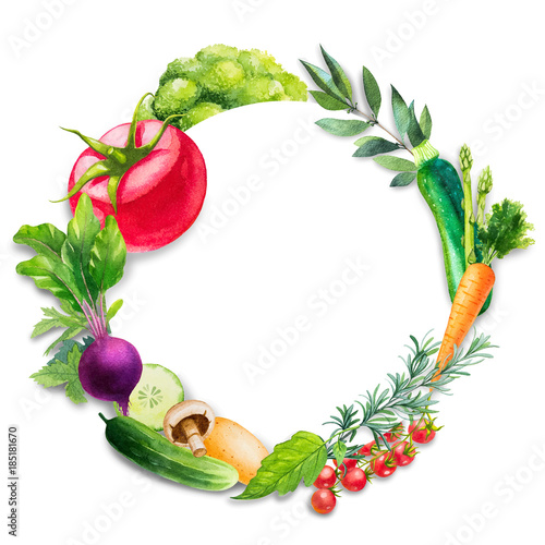 Watercolor vector wreath with asparagus, broccoli, tomatoes, peppers, basil, parsley and chili pepper