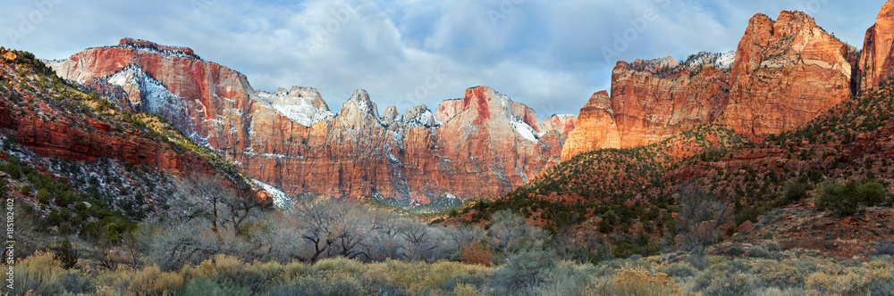 Fototapeta premium Zion National Park in snow, scenic panorama