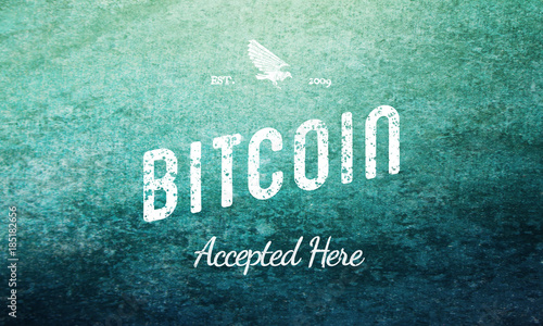 Bitcoin Accepted Here, White On Blue Gradient Vintage Text Design 