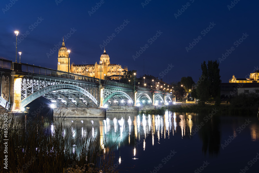 Night view of Salamanca Old and New Cathedrals from Enrique Esteban Bridge over Tormes River, Community of Castile and Leon, Spain.  