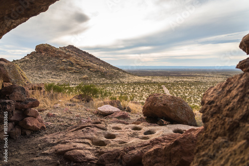 Landscape view from the inside of a cave at Pena Blanca in the Organ Mountainsnear Las Cruces, New Mexico. 