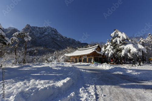 Buddhist temple in winter in South Korea without people, pacification and meditation. DECEMBER. 2015 photo