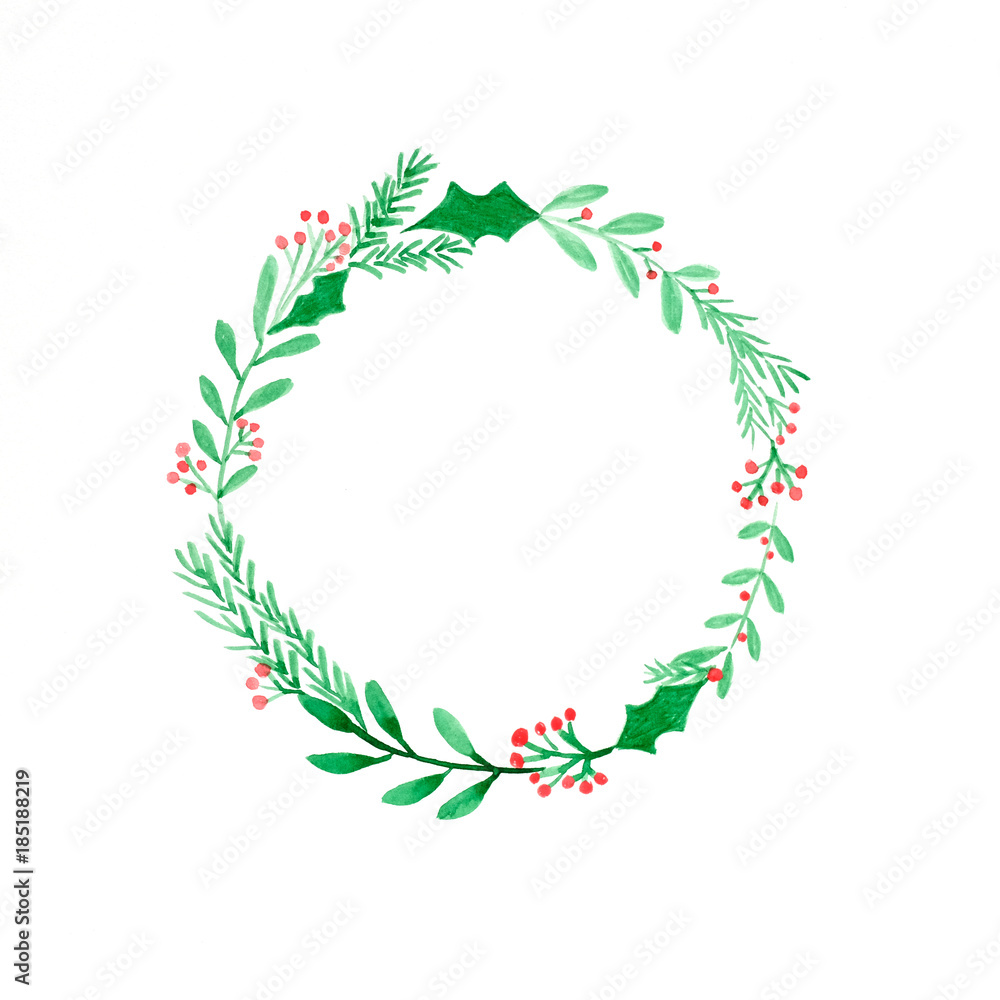 Christmas wreath watercolor drawing on white paper background, Christmas greeting card background Christmas wreath watercolor drawing on white paper background, Christmas greeting card background