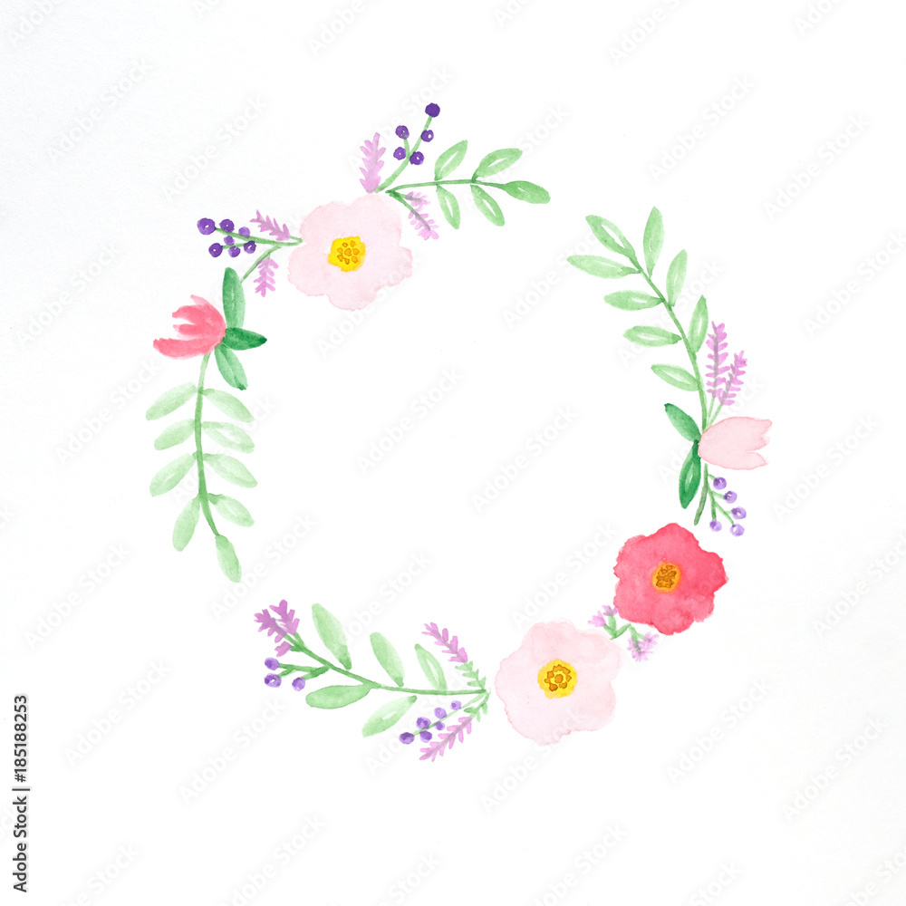 Flowers wreath watercolors, Hand drawing flowers in watercolor style on white paper background, with copy space for text, greeting card background, banner