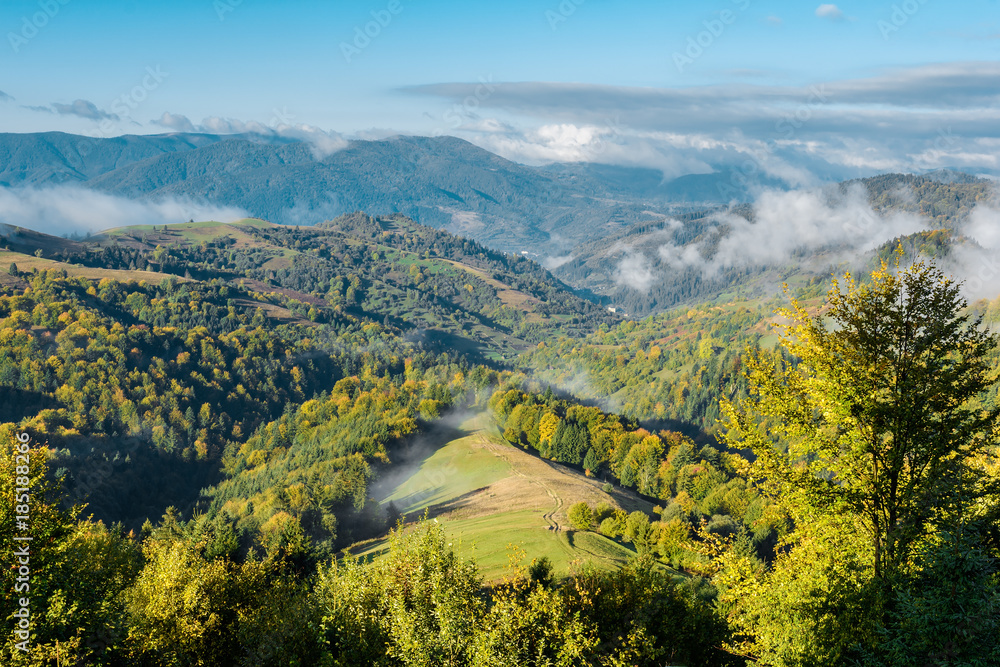 Mountain landscape, autumn sunny morning. Carpathian Mountains, Mizhhiria, Ukraine.
