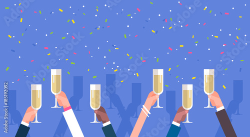 Group Of Business Man Hands Holding Champagne Glasses Success Celebration Concept Flat Vector Illustration