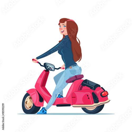 Young Girl Riding Electric Scooter Red Vintage Motorcycle Isolated On White Background Flat Vector Illustration