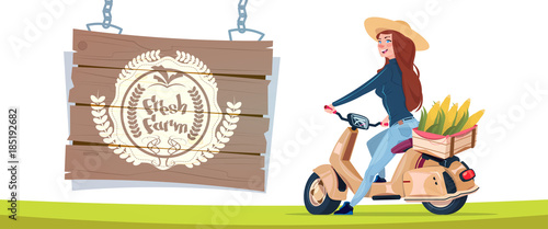 Fresh Farm Logo Banner With Female Farmer On Electric Scooter Transport With Box Of Vegetables Flat Vector Illustration