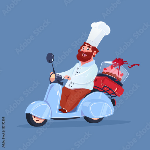 Chef Cook Riding Electric Scooter Delivery Of Cake On Vintage Motorcycle Isolated On Blue Background Flat Vector Illustration