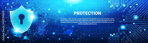 Protection Shield Blue Polygons Over Circuit Background Business Concept Of Data Security Horizontal Banner Vector Illustration